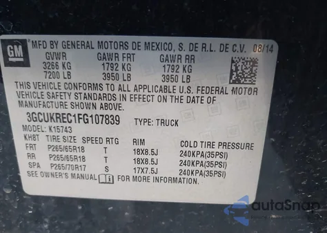 2015 Chevrolet Silverado 1500 2Lt from USA, damaged, VIN 3GCUKREC1FG107839